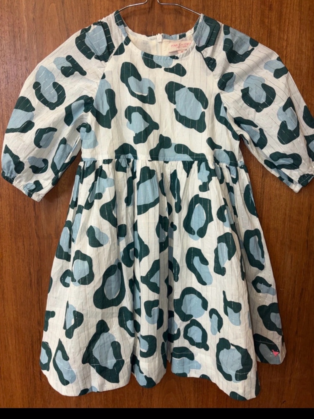 Pink Chicken Cream Dress with Teal Leopard Print